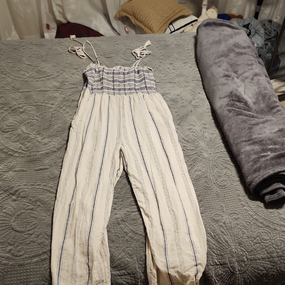 Madewell Cream and Blue Smocked Top